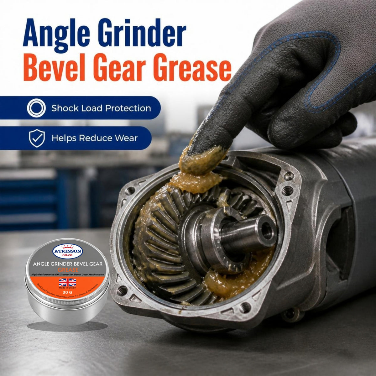 Atkinson Oil Co. Angle Grinder Bevel Gear Grease 30g – in use