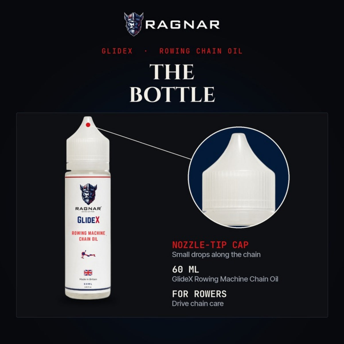 Ragnar GlideX Rowing Machine Chain Oil 60 ml – bottle and nozzle-tip cap