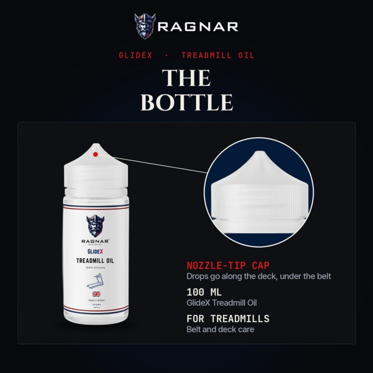 Ragnar GlideX Treadmill Oil 100 ml – bottle and nozzle-tip cap