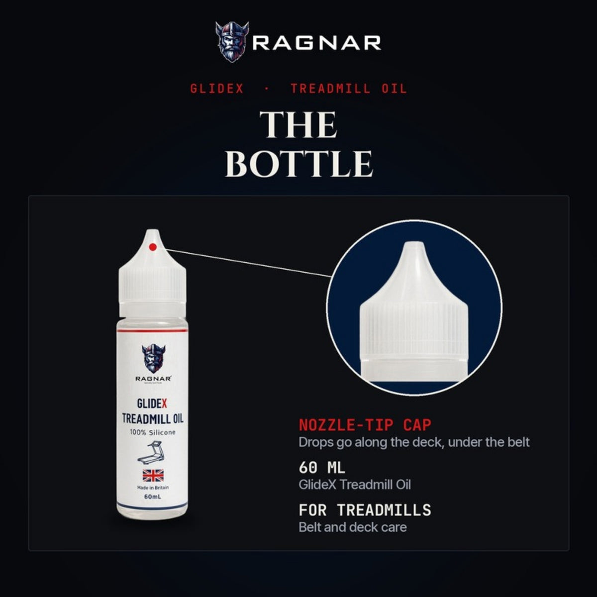 Ragnar GlideX Treadmill Oil 60 ml – bottle and nozzle-tip cap