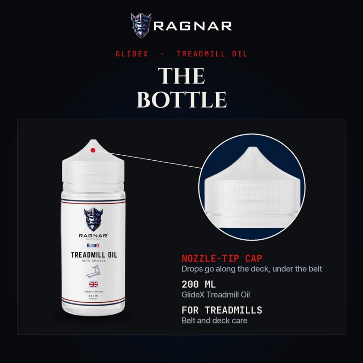 Ragnar GlideX Treadmill Oil 200 ml – bottle and nozzle-tip cap