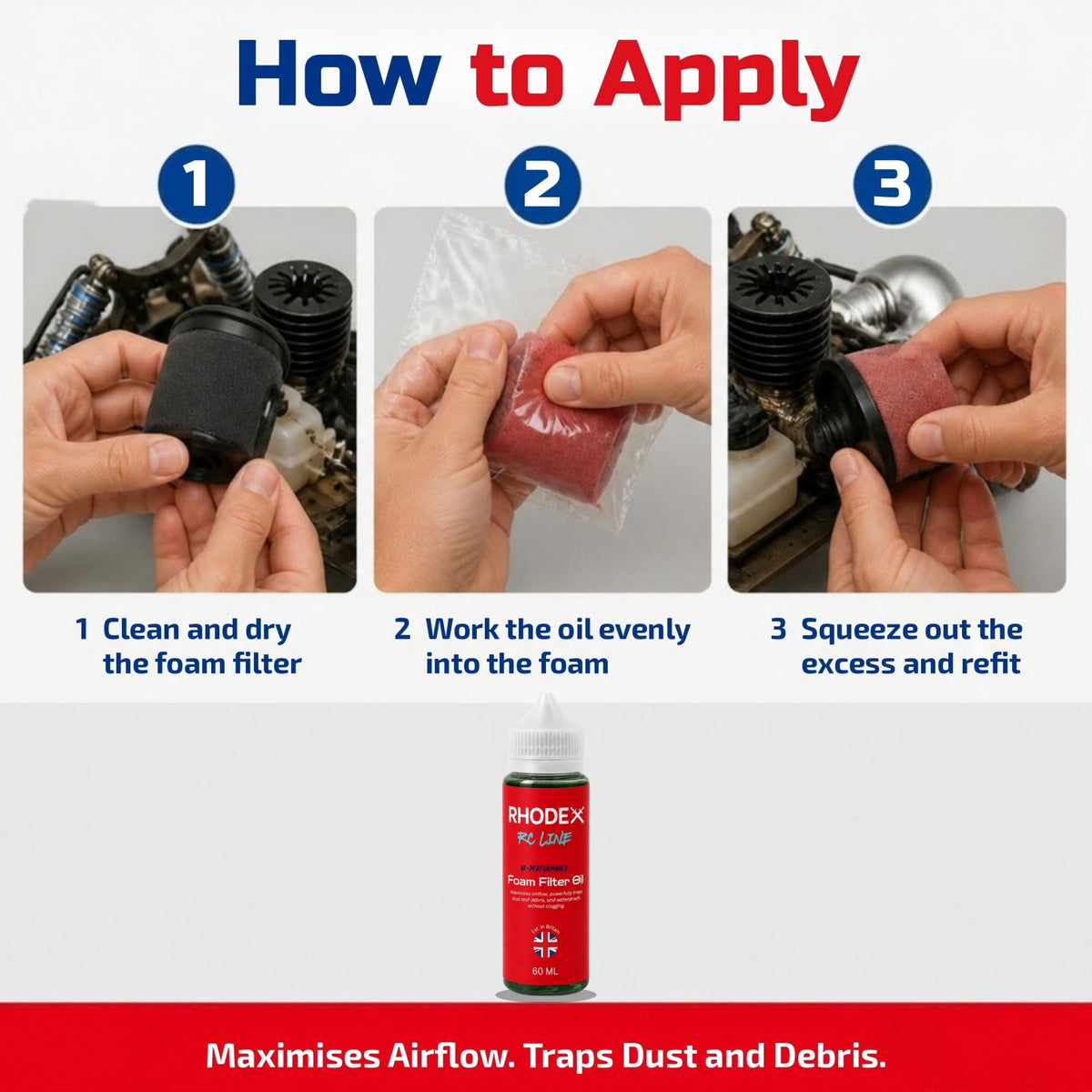 Rhodex RC Line Foam Air Filter Oil 60ml – how to apply