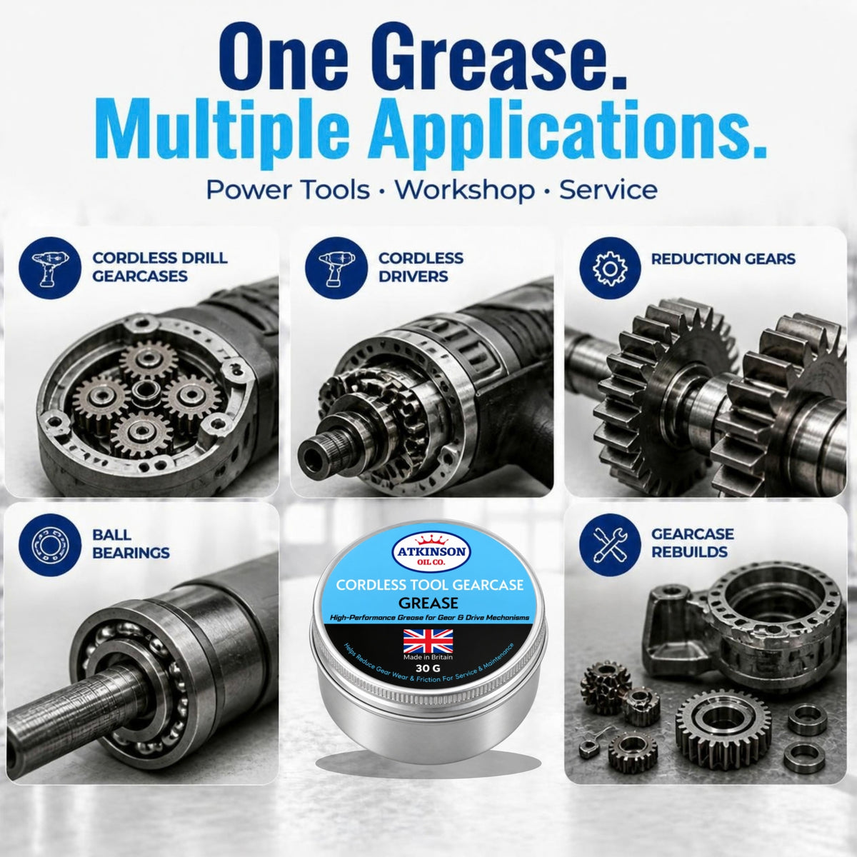 Atkinson Oil Co. Cordless Tool Gearcase Grease 30g – applications