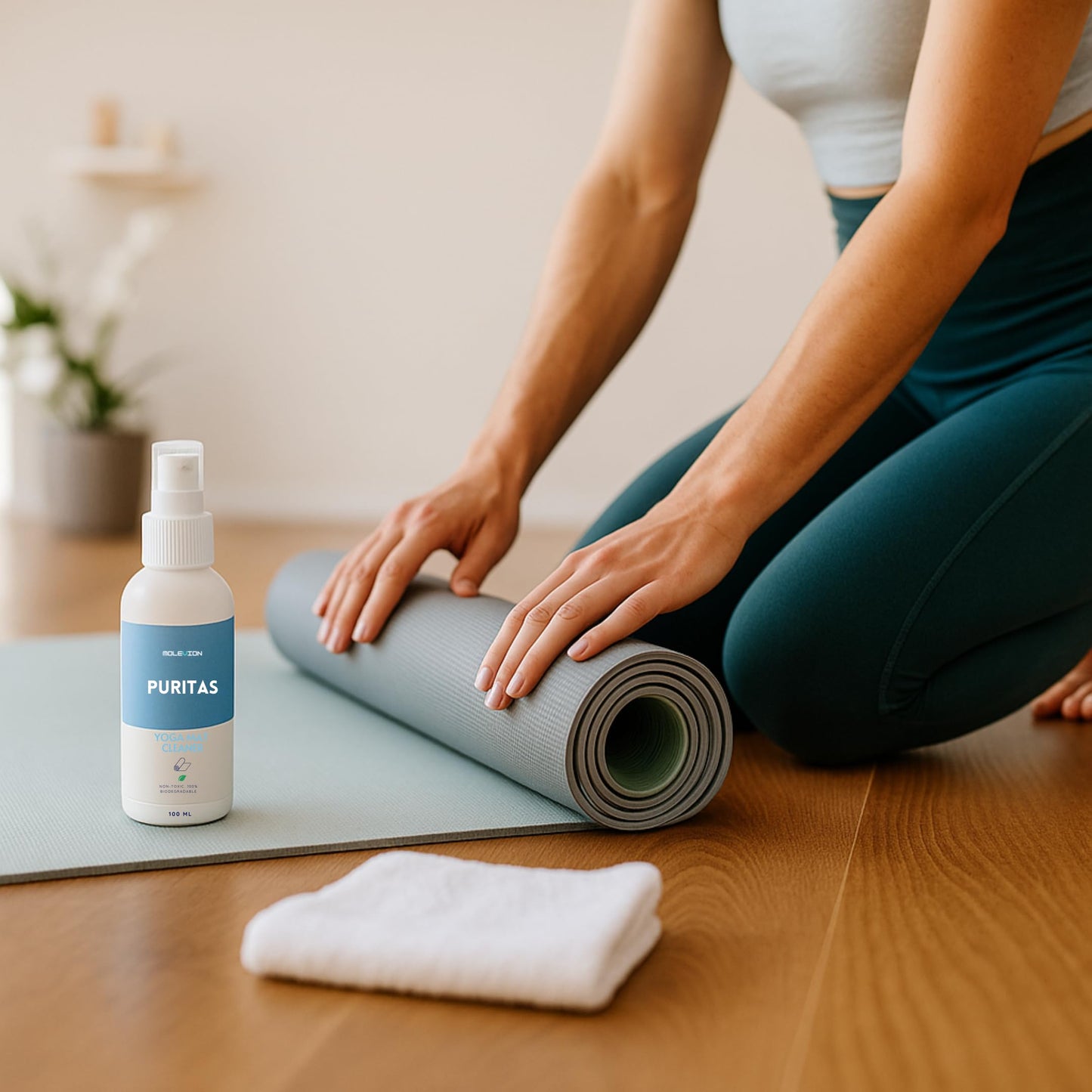Molevion Puritas Yoga Mat Cleaner 100ml – Mineral-Based, Alcohol-Free Disinfectant Spray